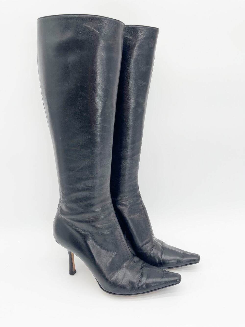 Jimmy Choo Vintage y2k Peony Black Leather Knee High Heeled Boots IT 36.5